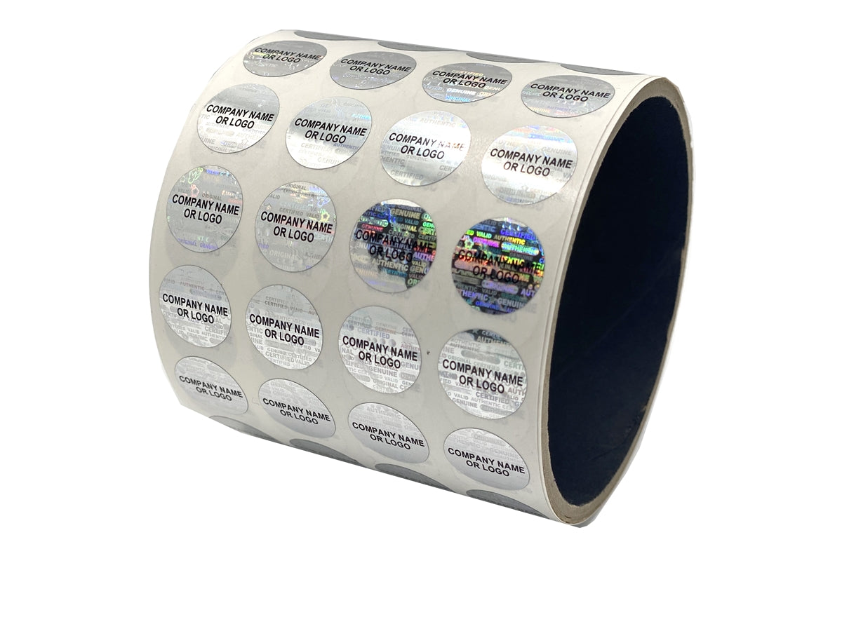 10,000 Silver Tamper Evident Security Holographic Round Label Seal Sticker, Circle 0.5" diameter (13mm). CustomPrinted. >Click on item details to Customize.