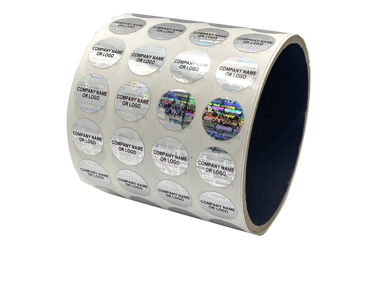 10,000 Silver Tamper Evident Security Hologram Round Label Seal Sticker, Circle 0.75" diameter (19mm). CustomPrinted. >Click on item details to Customize.