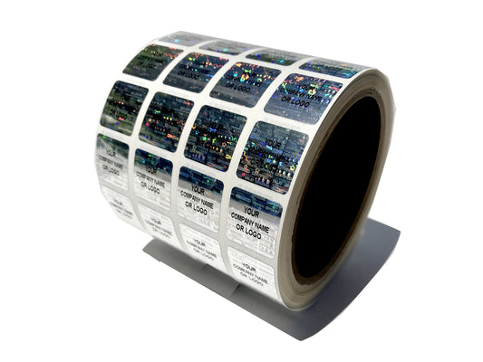 500 Silver Tamper Evident Security Hologram Label Seal Sticker, Rectangle .75" x 0.6" (19mm x 15mm). CustomPrinted. >Click on item details to Customize.