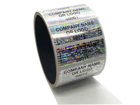250 Silver Tamper Evident Security Holographic Label Seal Sticker, Rectangle 2" x 0.75" (51mm x 19mm). CustomPrinted. >Click on item details to Customize.