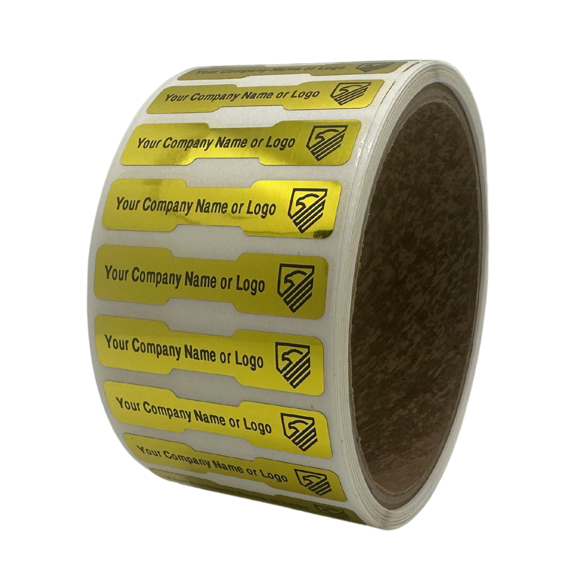 10,000 Tamper Evident Security Labels Gold TamperVoidPro Seal Sticker, Dogbone Shape Size 1.75" x 0.375 (44mm x 9mm). Custom Printed. >Click on item details to customize.
