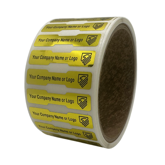 1,000 Tamper Evident Security Labels Gold TamperVoidPro Seal Sticker, Dogbone Shape Size 1.75" x 0.375 (44mm x 9mm). Custom Printed. >Click on item details to customize.