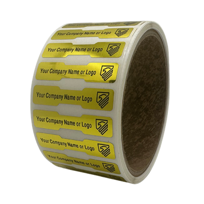 250 Tamper Evident Security Labels Gold TamperVoidPro Seal Sticker, Dogbone Shape Size 1.75" x 0.375 (44mm x 9mm). Custom Printed. >Click on item details to customize.