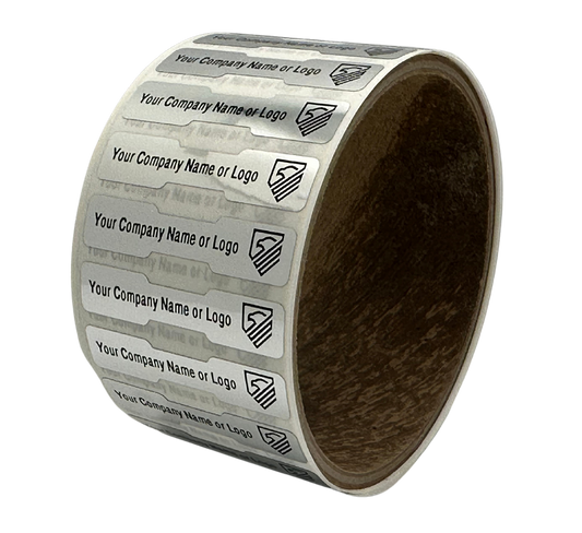 10,000 Tamper Evident Security Labels Silver Chrome TamperVoidPro Seal Sticker, Dogbone Shape Size 1.75" x 0.375 (44mm x 9mm). Custom Printed. >Click on item details to customize.