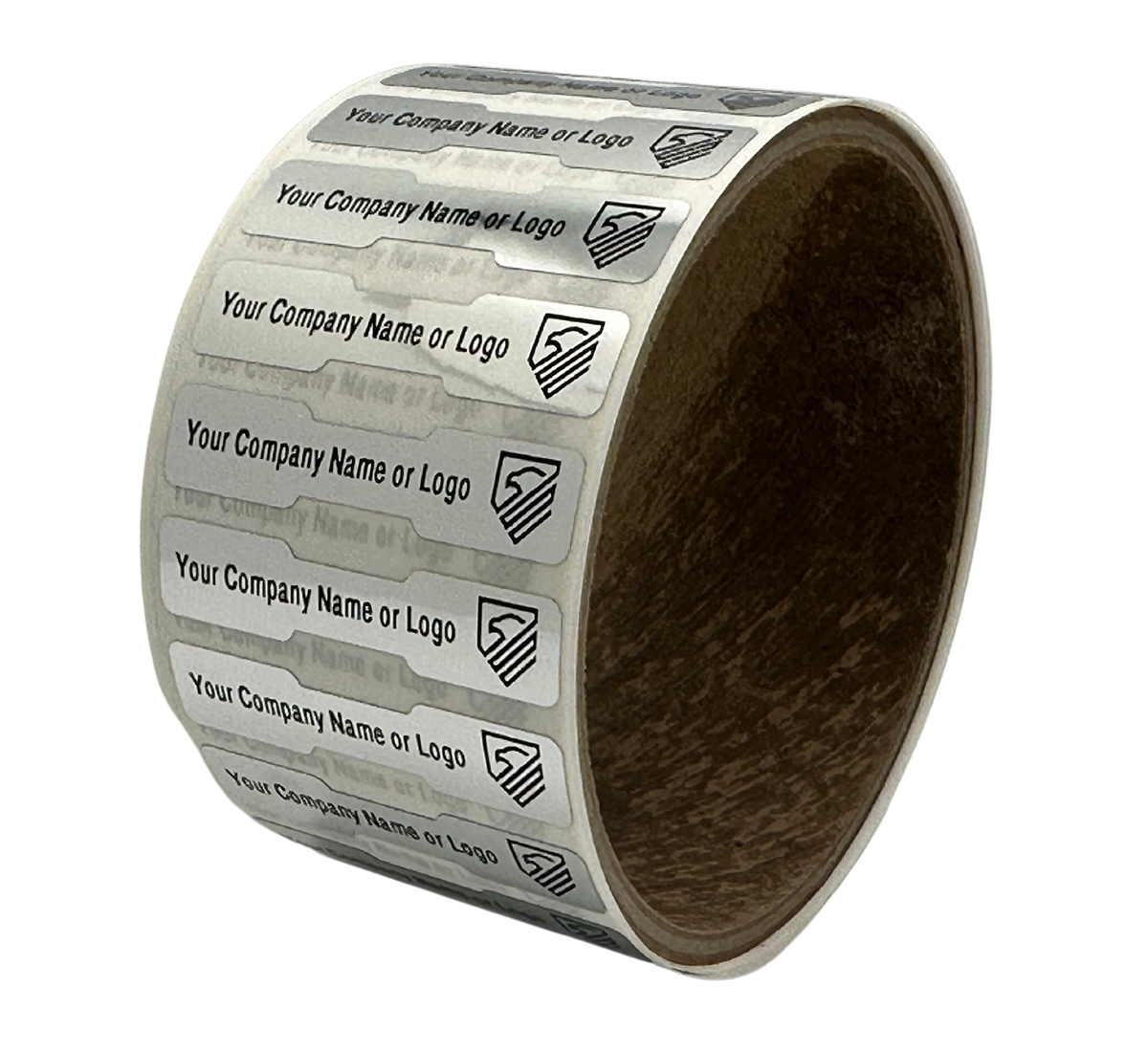 250 Tamper Evident Security Labels Silver Chrome TamperVoidPro Seal Sticker, Dogbone Shape Size 1.75" x 0.375 (44mm x 9mm). Custom Printed. >Click on item details to customize.