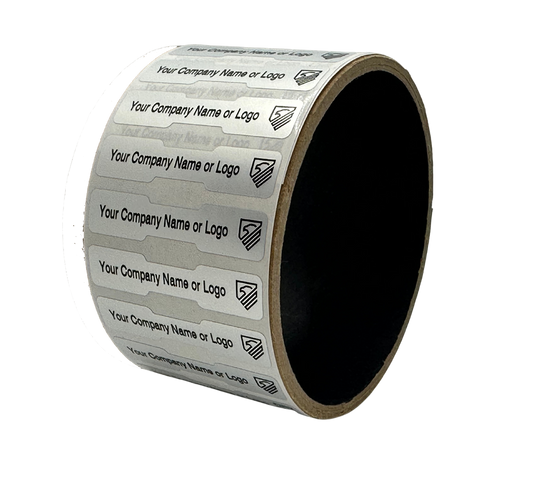 250 Tamper Evident Security Labels Silver Matte TamperVoidPro Seal Sticker, Dogbone Shape Size 1.75" x 0.375 (44mm x 9mm). Custom Printed. >Click on item details to customize.
