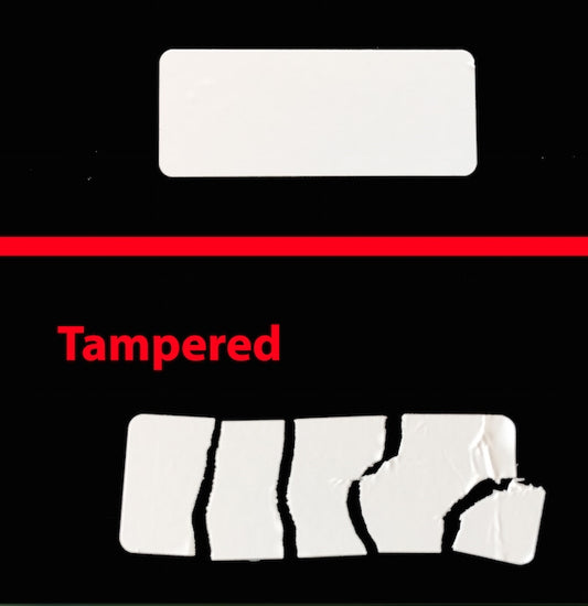 250 Destructible White Security Labels 2" x 0.75" (51mm x 19mm).