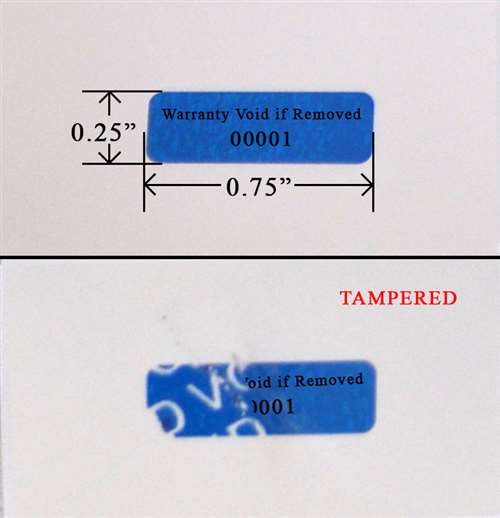 2,000 Tamper Evident Blue Security Labels TamperColor Seal Sticker, Rectangle 0.75" x 0.25" (19mm x 6mm). Printed: Warranty Void if Removed + Serialization.