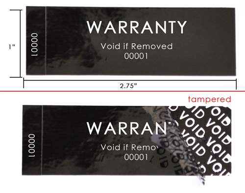 10,000 Tamper Evident Black Security Labels TamperColor Seal Sticker, Rectangle 2.75" x 1" (70mm x 25mm). Printed: Warranty Void if Removed + Serialization