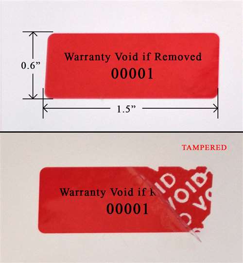 1,000 Tamper Evident Red Security Labels TamperColor Seal Sticker, Rectangle 1.5" x 0.6" (38mm x 15mm). Printed: Warranty Void if Removed + Serialization