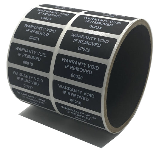 10,000 Tamper Evident Black Non Residue Security Labels TamperGuard® Seal Sticker, Rectangle 1.5" x 0.6" (38mm x 15mm). Printed: Warranty Void if Removed + Serialized