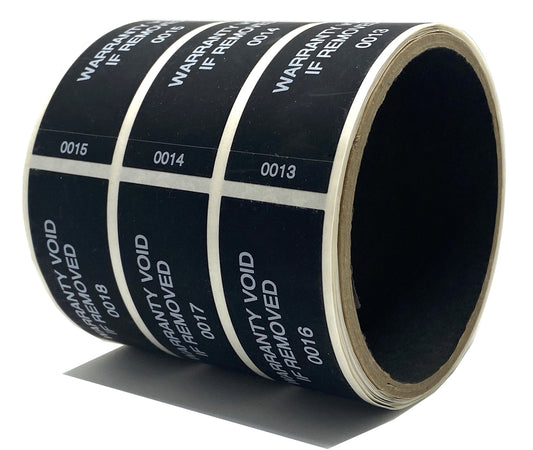 10,000 Tamper Evident Black Non Residue Security Labels TamperGuard® Seal Sticker, Rectangle 2.75" x 1" (70mm x 25mm). Printed: Warranty Void if Removed + Serialized