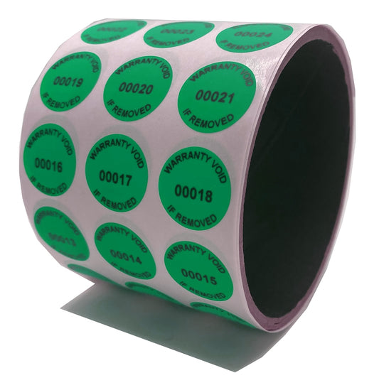 10,000 Tamper-Evident Green Non Residue Security Labels TamperGuard® Seal Sticker, Round/ Circle 0.75" diameter (19mm). Printed: Warranty Void if Removed + Serialized