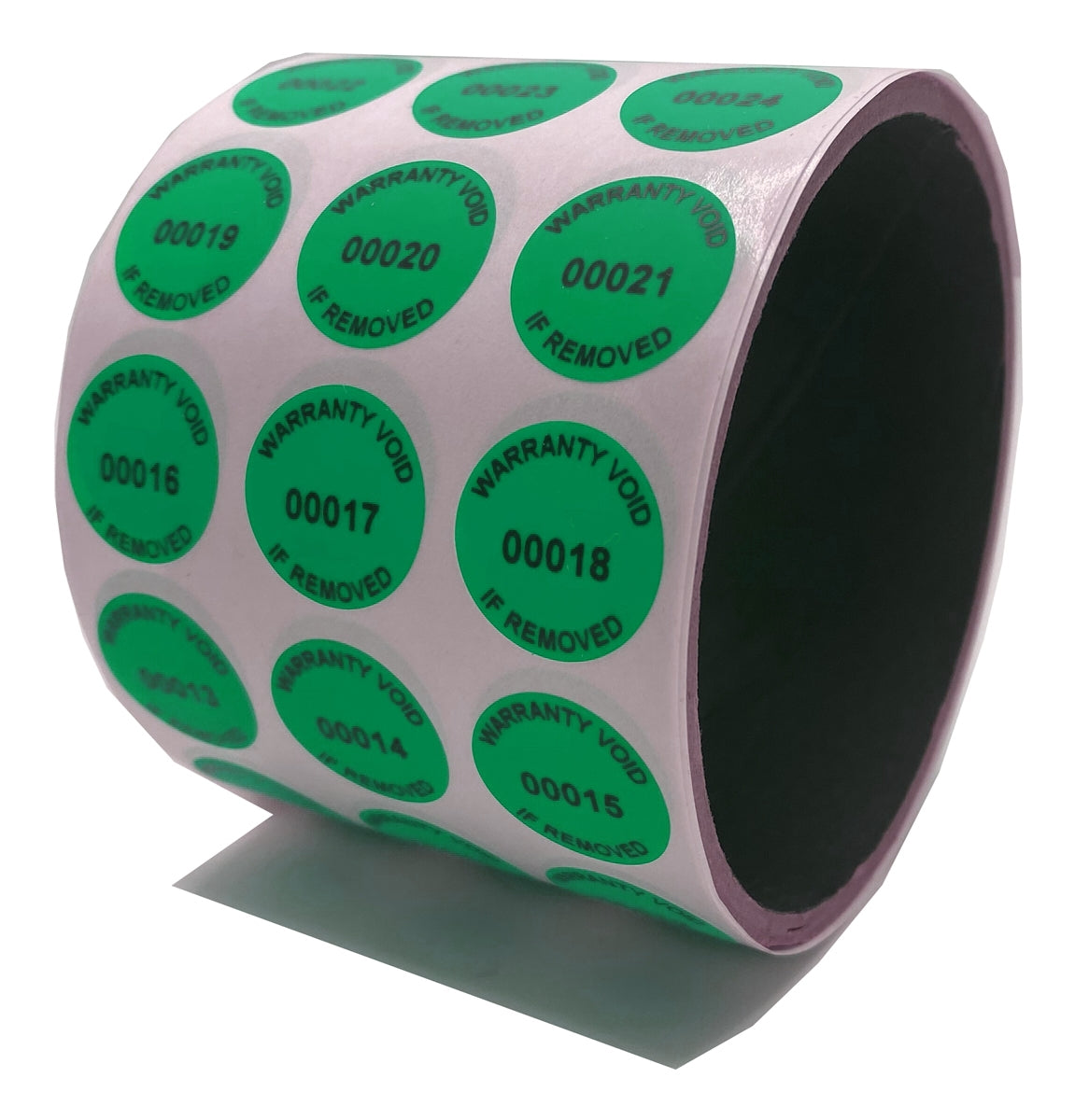 5,000 Tamper-Evident Green Non Residue Security Labels TamperGuard® Seal Sticker, Round/ Circle 0.75" diameter (19mm). Printed: Warranty Void if Removed + Serialized