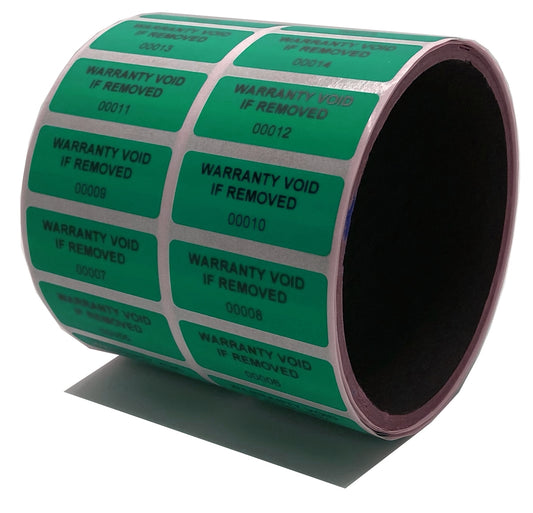 10,000 Tamper-Evident Green Non Residue Security Labels TamperGuard® Seal Sticker, Rectangle 1.5" x 0.6" (38mm x 15mm). Printed: Warranty Void if Removed + Serialized
