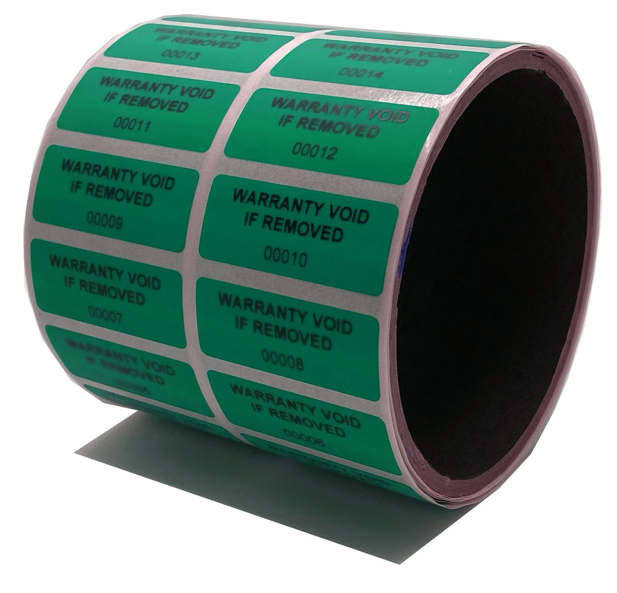 1,000 Tamper-Evident Green Non Residue Security Labels TamperGuard® Seal Sticker, Rectangle 1.5" x 0.6" (38mm x 15mm). Printed: Warranty Void if Removed + Serialized