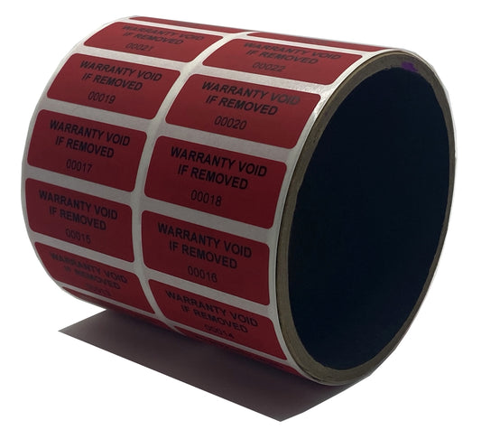 10,000 Tamper Evident Red Non Residue Security Labels TamperGuard® Seal Sticker, Rectangle 1.5" x 0.6" (38mm x 15mm). Printed: Warranty Void if Removed + Serialized