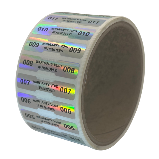 10,000 Tamper Evident Rainbow Non Residue Security Labels TamperGuard® Seal Sticker, Dogbone 1.75" x 0.375" (44mm x 9mm). Printed: Warranty Void if Removed + Serialized