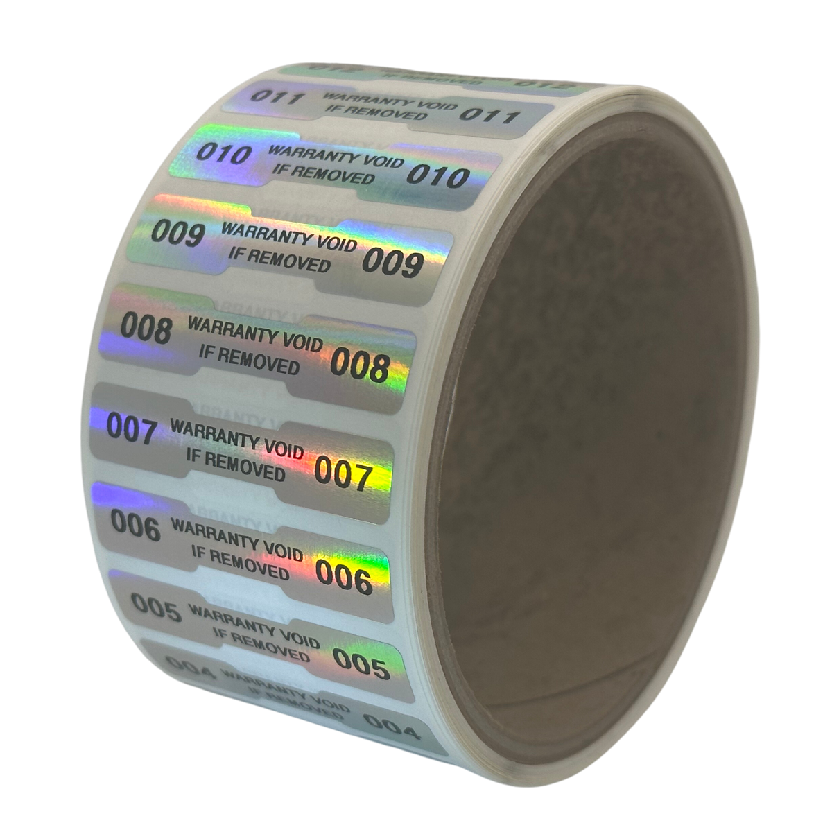 500 Tamper Evident Rainbow Non Residue Security Labels TamperGuard® Seal Sticker, Dogbone 1.75" x 0.375" (44mm x 9mm). Printed: Warranty Void if Removed + Serialized