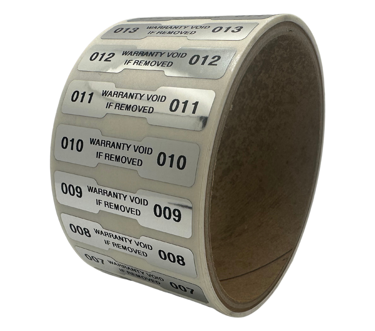 10,000 Finish Tamper Evident Metallic Silver / Chrome Non Residue Security Labels TamperGuard® Seal Sticker, Dogbone 1.75" x 0.375" (44mm x 9mm). Printed: Warranty Void if Removed + Serialized