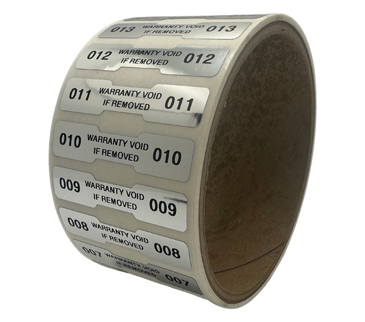 250 Finish Tamper Evident Metallic Silver / Chrome Non Residue Security Labels TamperGuard® Seal Sticker, Dogbone 1.75" x 0.375" (44mm x 9mm). Printed: Warranty Void if Removed + Serialized