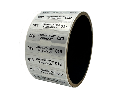10,000 Tamper Evident Metallic Silver Matte Non Residue Security Labels TamperGuard® Seal Sticker, Dogbone 1.75" x 0.375" (44mm x 9mm). Printed: Warranty Void if Removed + Serialized