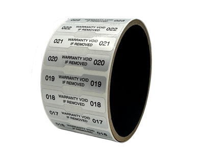 500 Tamper Evident Metallic Silver Matte Non Residue Security Labels TamperGuard® Seal Sticker, Dogbone 1.75" x 0.375" (44mm x 9mm). Printed: Warranty Void if Removed + Serialized