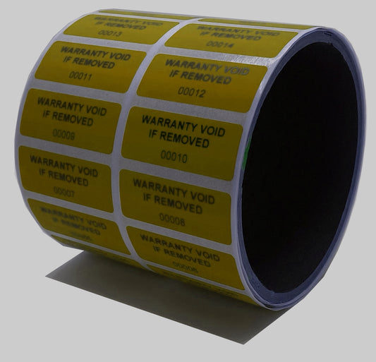 500 Tamper-Evident Yellow Non Residue Security Labels TamperGuard® Seal Sticker, Rectangle 1.5" x 0.6" (38mm x 15mm). Printed: Warranty Void if Removed + Serialized