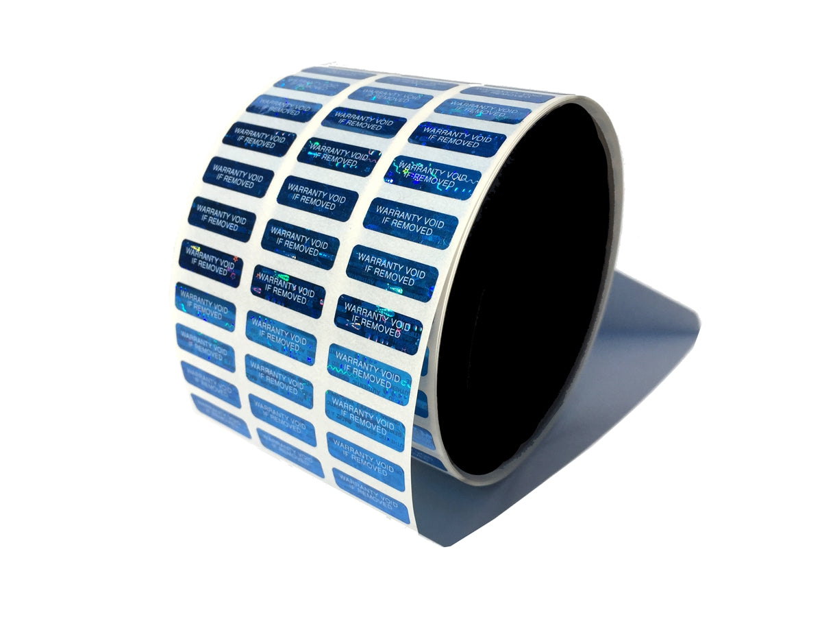 10,000 Blue Tamper Evident Holographic Security Label Seal Sticker TamperMax® Blue, Rectangle 0.75" x 0.25" (19mm x 6mm). Printed: Warranty Void if Removed.