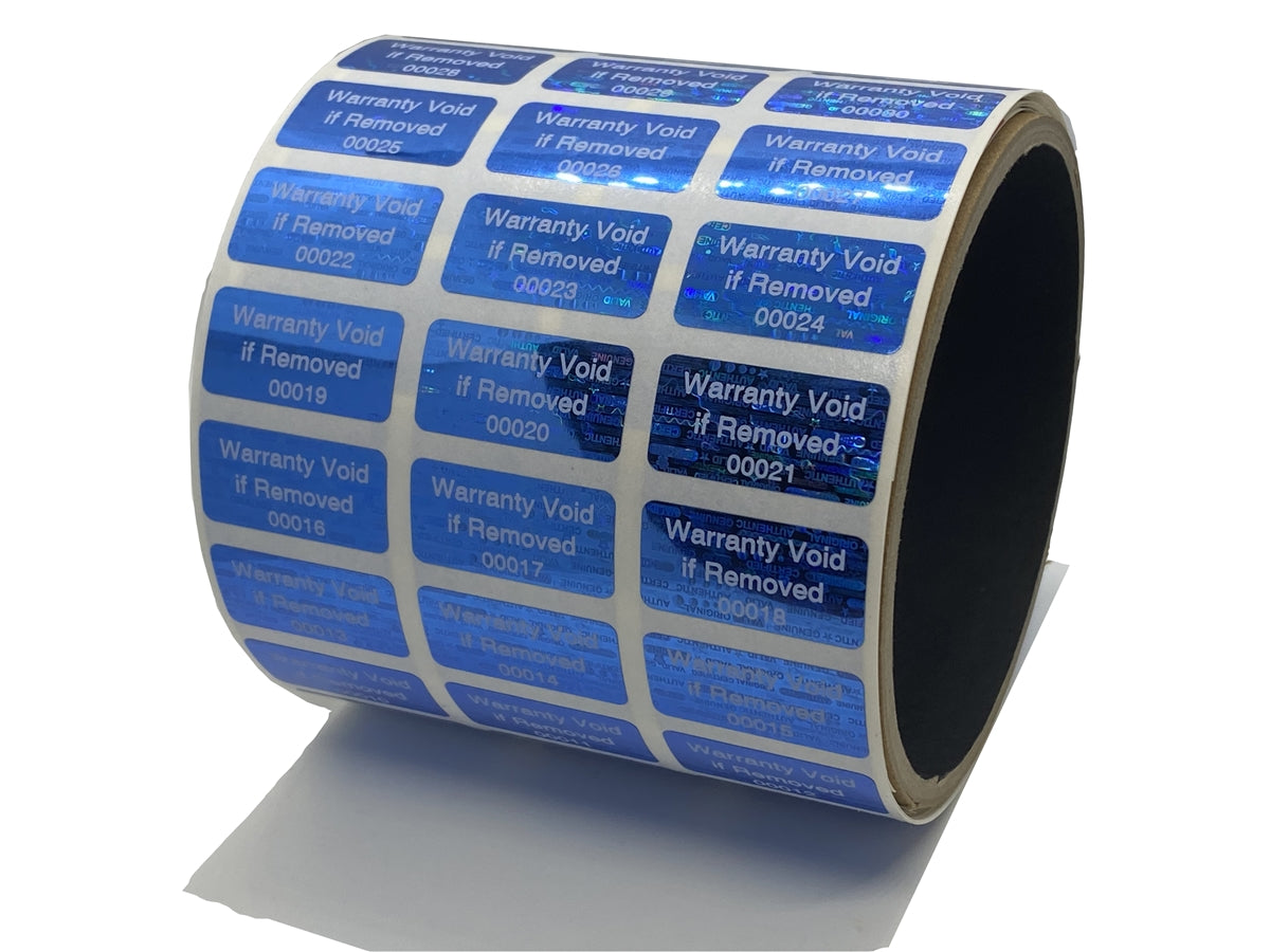 10,000 Blue Tamper Evident Holographic Security Label Seal Sticker TamperMax® Blue, Rectangle 1" x 0.5" (25mm x 13mm). Printed: Warranty Void if Removed + Serialization