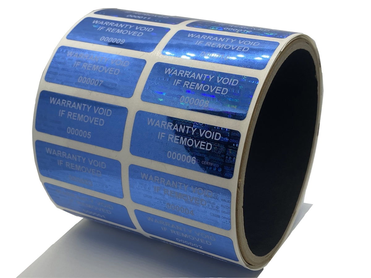 10,000 Blue Tamper Evident Holographic Security Label Seal Sticker TamperMax® Blue, Rectangle 1.5" x 0.6" (38mm x 15mm). Printed: Warranty Void if Removed + Serialization