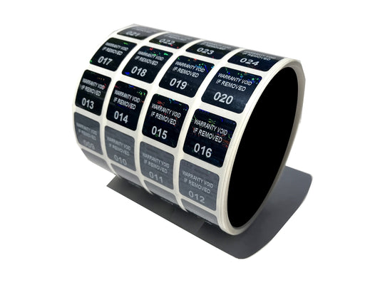 10,000 Black Tamper Evident Holographic Security Label Seal Sticker TamperMax®, Square 1" x 1" (25mm x 25mm). Printed: Warranty Void if Removed + Serialization