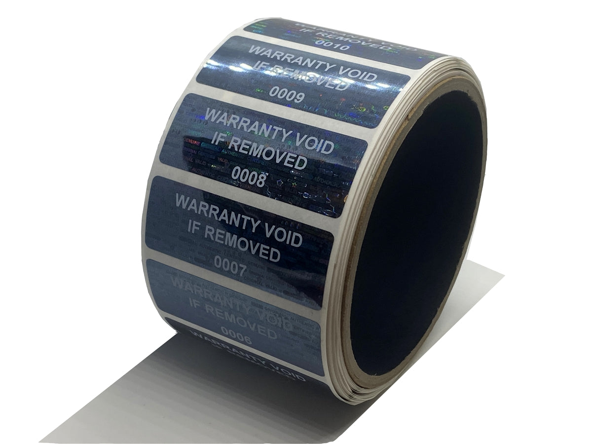 10,000 Black Tamper Evident Holographic Security Label Seal Sticker TamperMax®, Rectangle 2" x 0.75" (51mm x 19mm). Printed: Warranty Void if Removed + Serialization