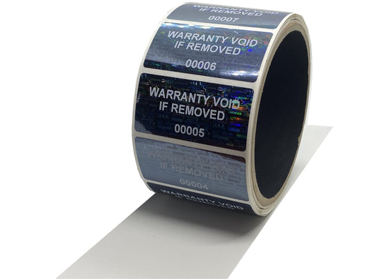 1,000 Black Tamper Evident Holographic Security Label Seal Sticker TamperMax®, Rectangle 2" x 1" (51mm x 25mm). Printed: Warranty Void if Removed + Serialization
