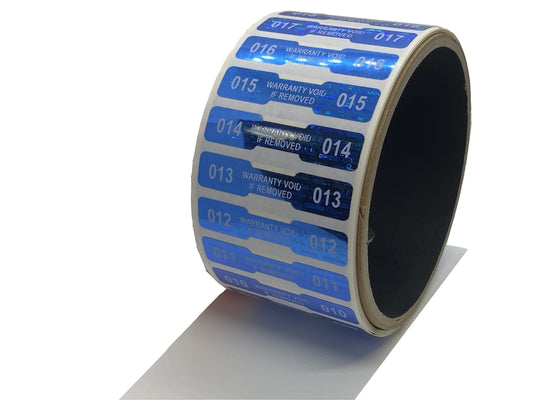 10,000 Blue Tamper Evident Holographic Security Label Seal Sticker, Dogbone 1.75" x 0.375" (44mm x 9mm). Printed: Warranty Void if Removed + Serialization