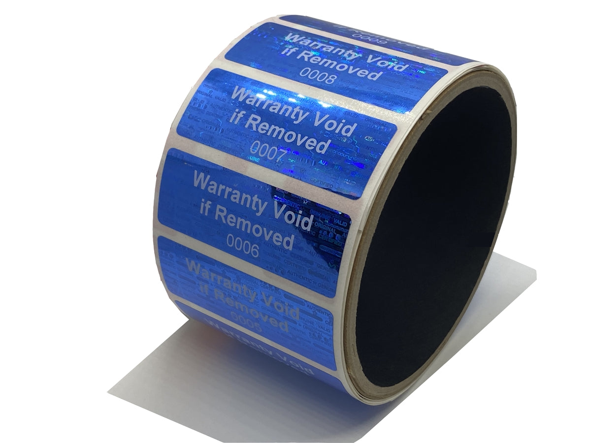 10,000 Blue Tamper Evident Holographic Security Label Seal Sticker TamperMax®, Rectangle 2" x 0.75" (51mm x 19mm). Printed: Warranty Void if Removed + Serialization