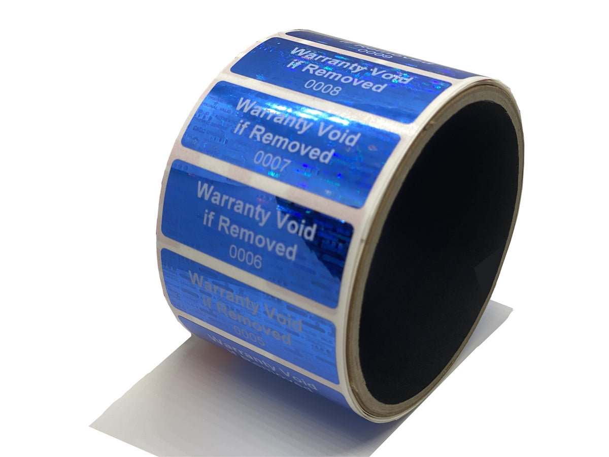 10,000 Blue Tamper Evident Holographic Security Label Seal Sticker TamperMax®, Rectangle 2" x 1" (51mm x 25mm). Printed: Warranty Void if Removed + Serialization