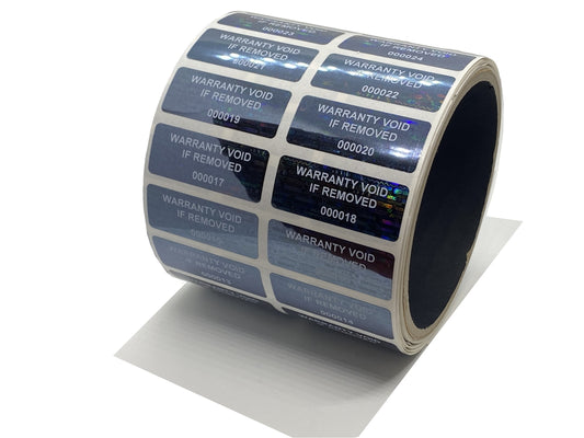 10,000 Black Tamper Evident Holographic Security Label Seal Sticker TamperMax®, Rectangle 1.5" x 0.6" (38mm x 15mm). Printed: Warranty Void if Removed + Serialization