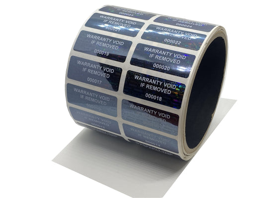 1,000 Black Tamper Evident Holographic Security Label Seal Sticker TamperMax®, Rectangle 1.5" x 0.6" (38mm x 15mm). Printed: Warranty Void if Removed + Serialization