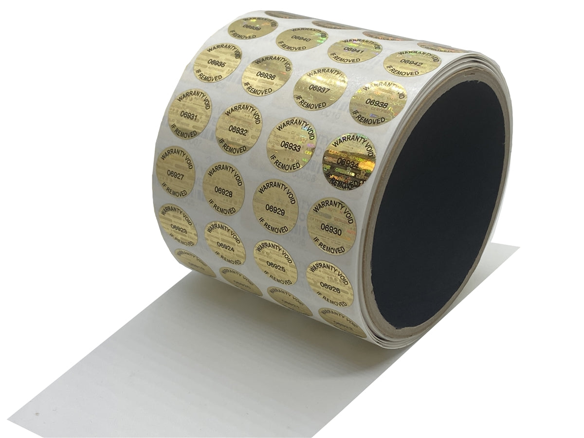 10,000 Gold Tamper Evident Holographic Gold Security Label Seal Sticker TamperMax®, Circle 0.625" diameter (16mm). Printed: Warranty Void if Removed + Serialization