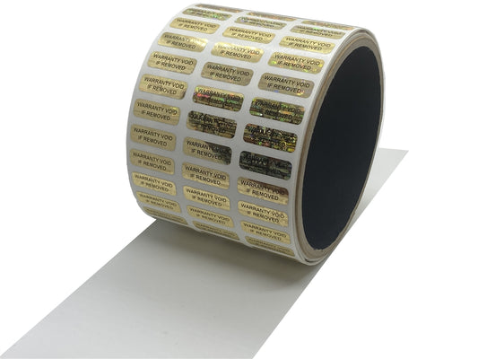10,000 Gold Tamper Evident Holographic Gold Security Label Seal Sticker TamperMax®, Rectangle 0.75" x 0.25" (19mm x 6mm). Printed: Warranty Void if Removed.