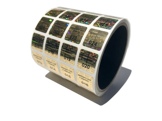 10,000 Gold Tamper Evident Holographic Security Label Seal Sticker TamperMax®, Square 1" x 1" (25mm x 25mm). Printed: Warranty Void if Removed + Serialization