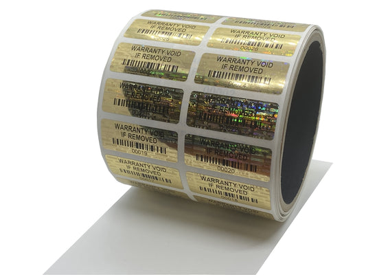 10,000 Gold Tamper Evident Holographic Gold Security Label Seal Sticker TamperMax®, Rectangle 1.5" x 0.6" (38mm x 15mm). Printed: Warranty Void if Removed + Serialization