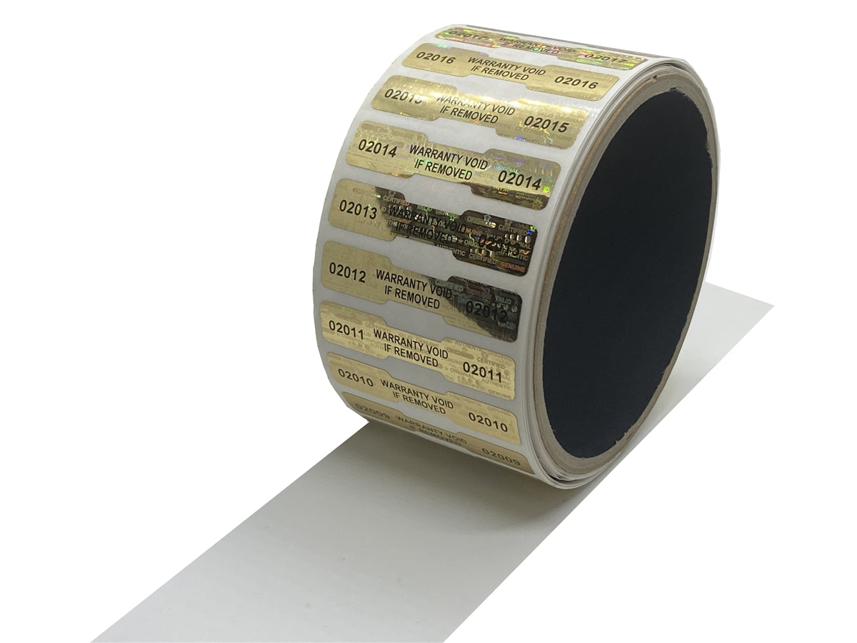 1,000 Gold Tamper Evident Holographic Security Label Seal Sticker, Dogbone 1.75" x 0.375" (44mm x 9mm). Printed: Warranty Void if Removed + Serialization