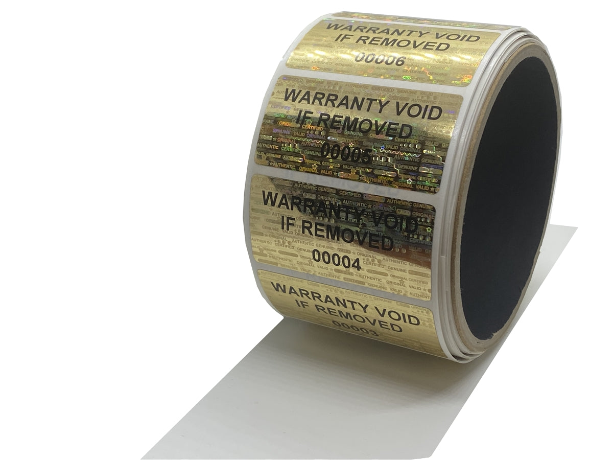 10,000 Gold Tamper Evident Holographic Security Label Seal Sticker TamperMax®, Rectangle 2" x 1" (51mm x 25mm). Printed: Warranty Void if Removed + Serialization