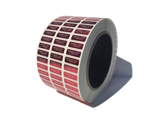 250 Red Tamper Evident Holographic Security Label Seal Sticker TamperMax®, Rectangle 1" x 0.375" (25mm x 9mm). Printed: Warranty Void if Removed + Serialization