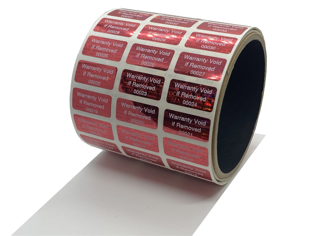 10,000 Red Tamper Evident Holographic Security Label Seal Sticker TamperMax®, Rectangle 1" x 0.5" (25mm x 13mm). Printed: Warranty Void if Removed + Serialization