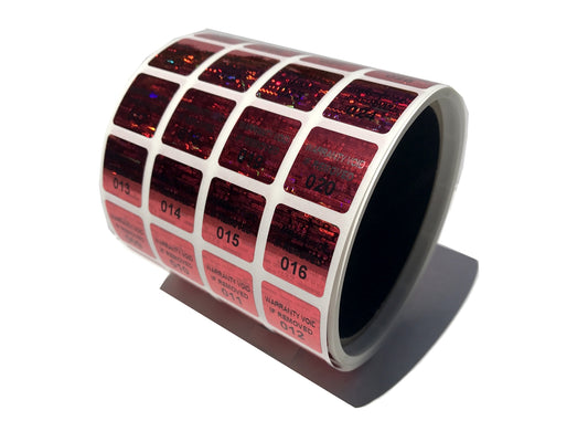10,000 Red Tamper Evident Holographic Security Label Seal Sticker TamperMax®, Square 1" x 1" (25mm x 25mm). Printed: Warranty Void if Removed + Serialization