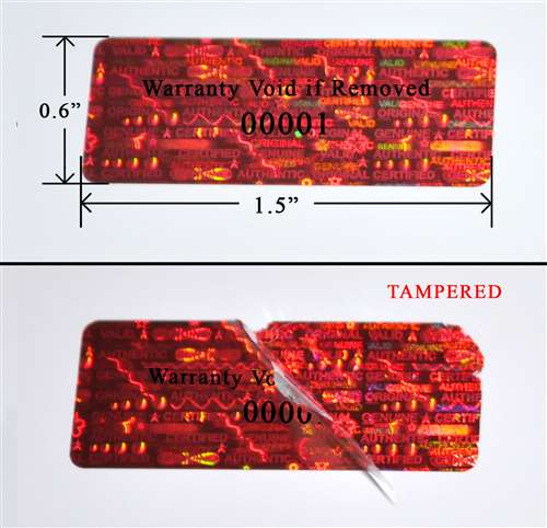 250 Red Tamper Evident Holographic Security Label Seal Sticker TamperMax®, Rectangle 1.5" x 0.6" (38mm x 15mm). Printed: Warranty Void if Removed + Serialization