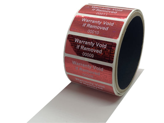 10,000 Red Tamper Evident Holographic Security Label Seal Sticker TamperMax®, Rectangle 2" x 0.75" (51mm x 19mm). Printed: Warranty Void if Removed + Serialization